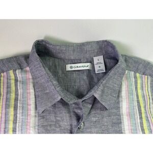 Cubavera Shirt Men Large L Blue Striped Linen Blend Short Sleeve Resort Camp